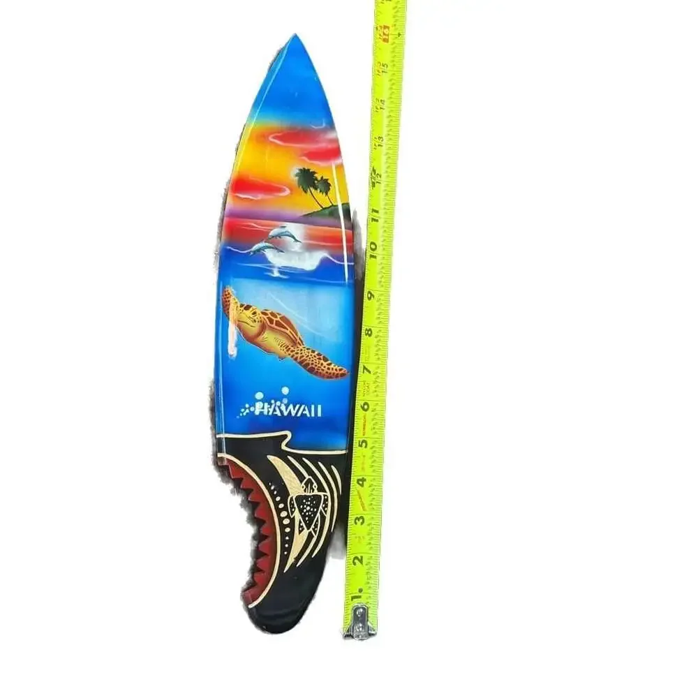 Hawaiian Hand Made 16” Carved Wood Surfboard Engraved Turtle Airbrush Dolphin